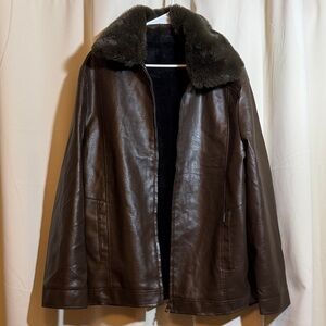 Faux Brown Leather Jacket with Fur Collar